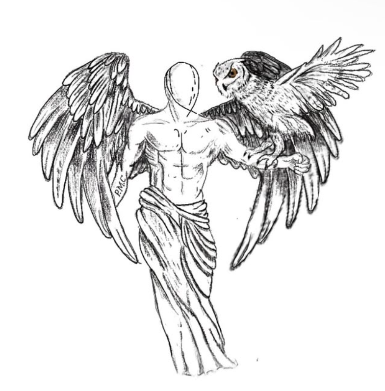 Graphite sketch on white paper — a faceless figure in a long draped toga, large feathered wings outstretched to either side, and an owl with its wings spread perched on the figure's right arm. Signed P.M.C. on the upper left wing.